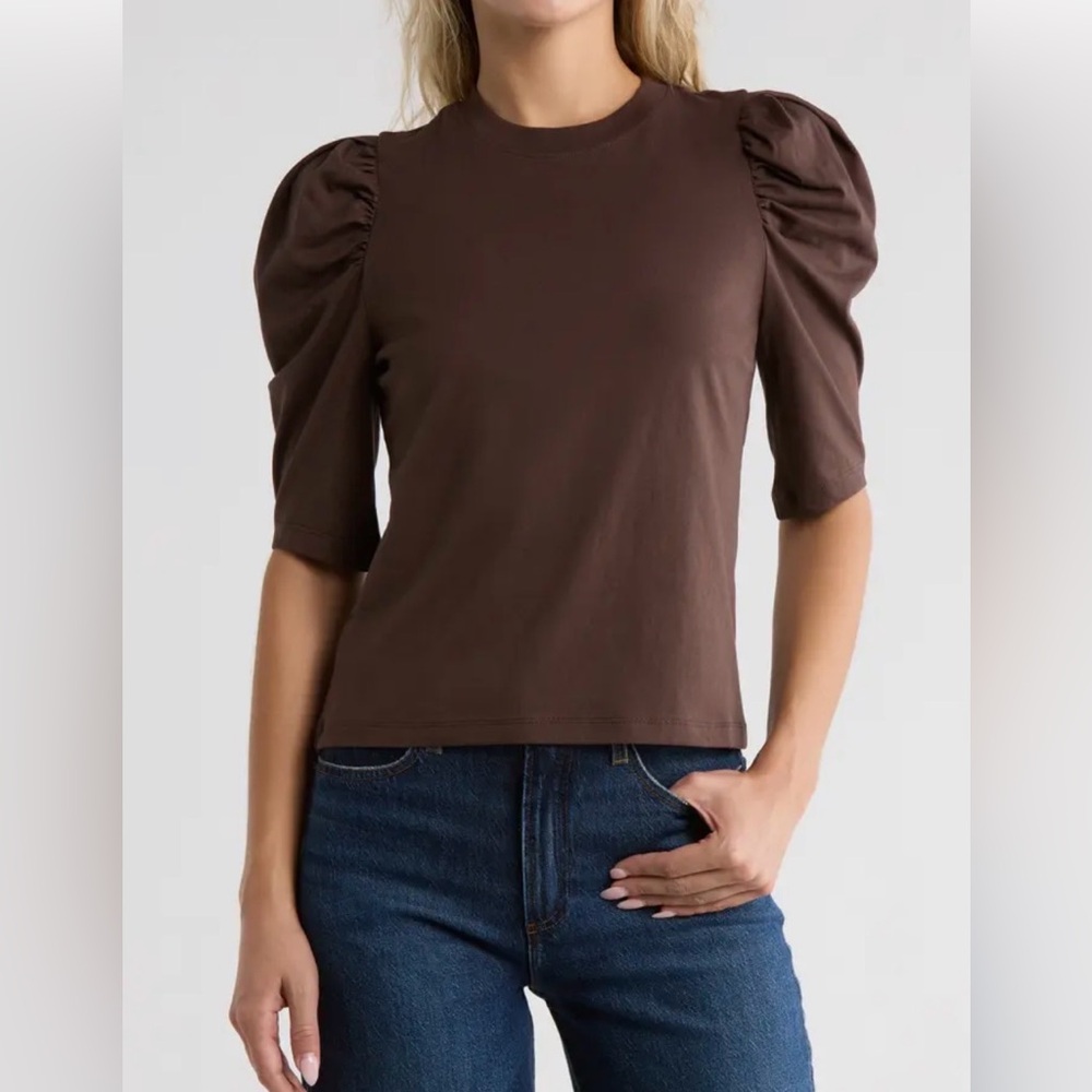 Frame Denim Dark Brown Ruffle Sleeve Short Sleeve Top